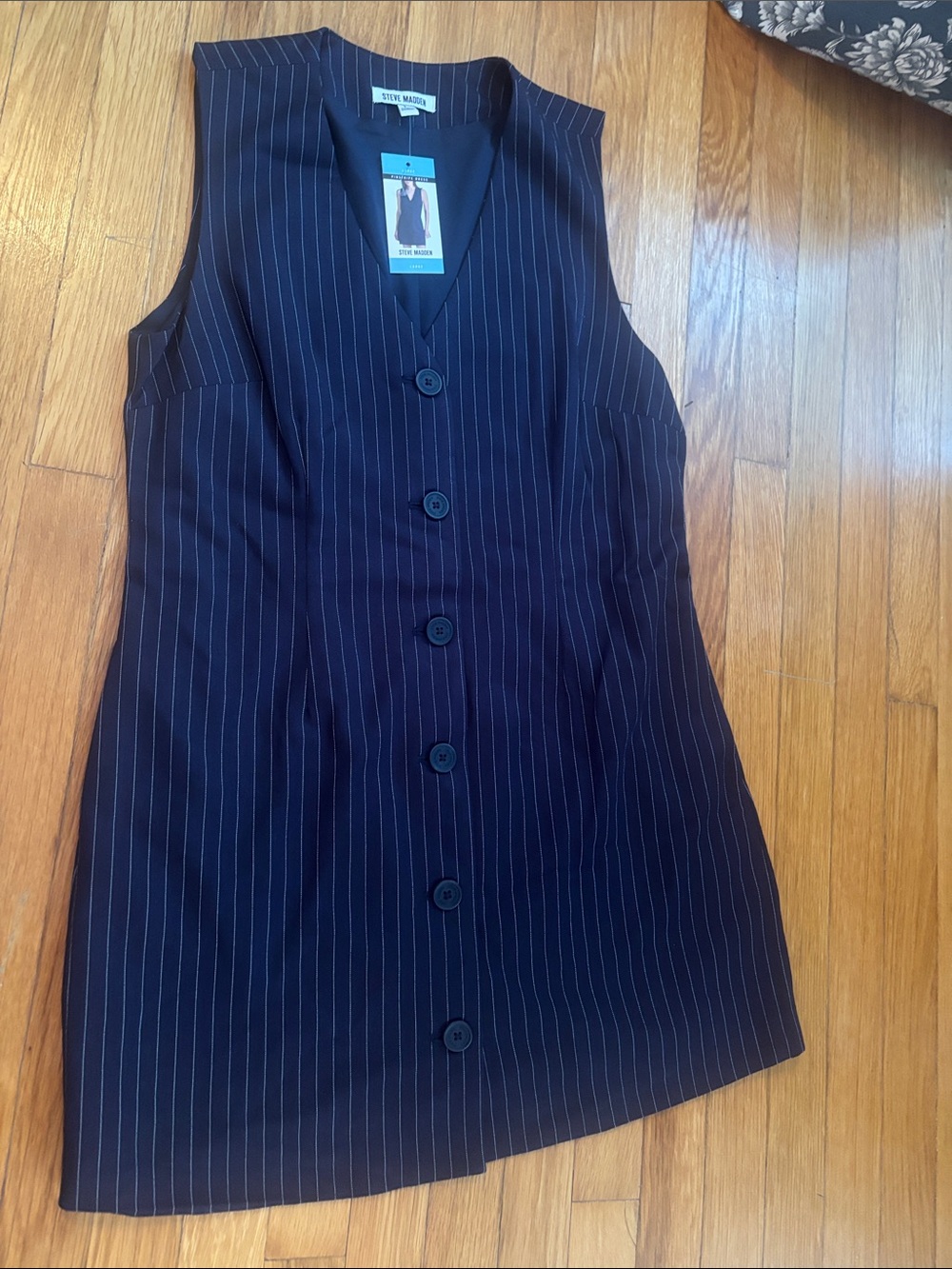 Steve Madden Navy Pinstripe Button-Front Vest Dress